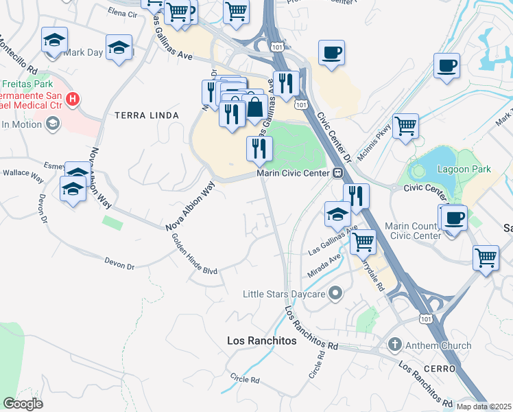 map of restaurants, bars, coffee shops, grocery stores, and more near 275 Los Ranchitos Road in San Rafael