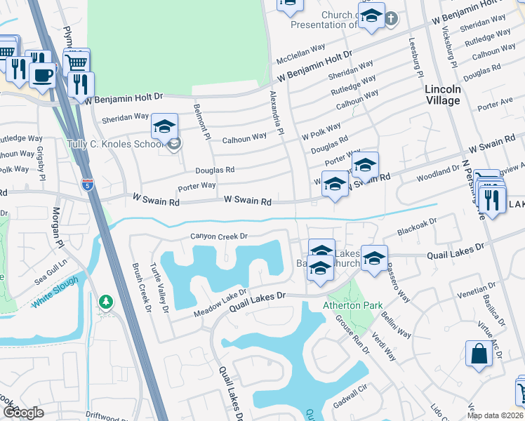 map of restaurants, bars, coffee shops, grocery stores, and more near 2316 West Swain Road in Stockton