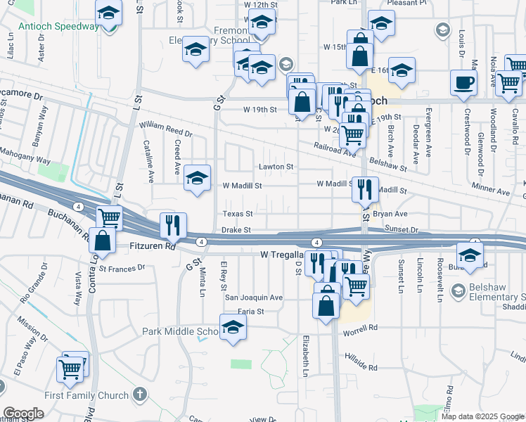 map of restaurants, bars, coffee shops, grocery stores, and more near 500 Texas Street in Antioch
