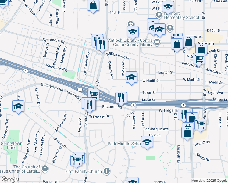 map of restaurants, bars, coffee shops, grocery stores, and more near 1000 Claudia Court in Antioch