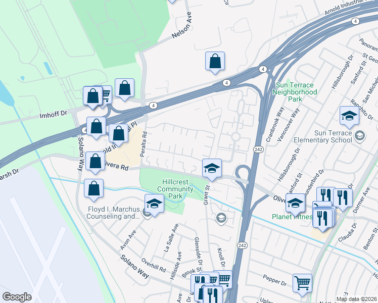 map of restaurants, bars, coffee shops, grocery stores, and more near 2067 Dalis Drive in Concord