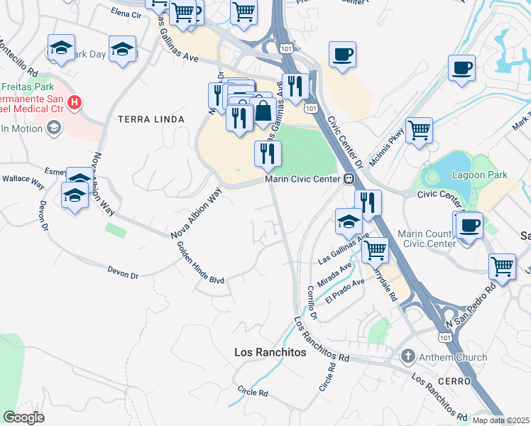 map of restaurants, bars, coffee shops, grocery stores, and more near 13 Pine Tree Court in San Rafael