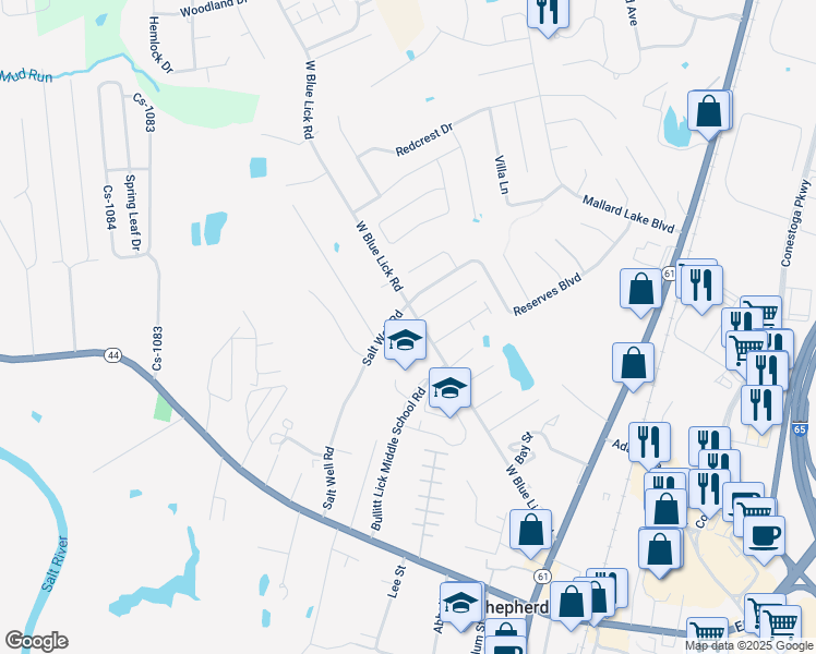 map of restaurants, bars, coffee shops, grocery stores, and more near 114 Crossing Court in Shepherdsville
