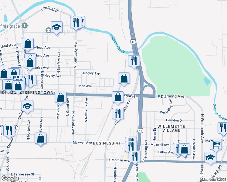map of restaurants, bars, coffee shops, grocery stores, and more near 1220 East Diamond Avenue in Evansville