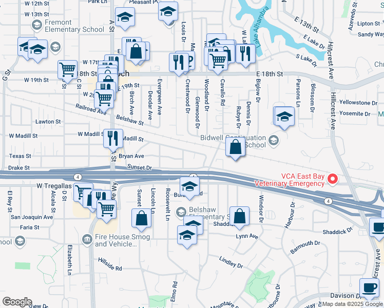 map of restaurants, bars, coffee shops, grocery stores, and more near 2302 Beasley Avenue in Antioch