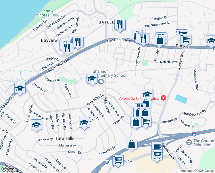 map of restaurants, bars, coffee shops, grocery stores, and more near 910 Kilkenny Way in Pinole