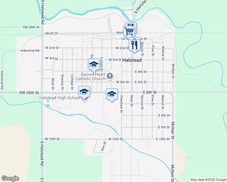 map of restaurants, bars, coffee shops, grocery stores, and more near 520 Poplar Street in Halstead