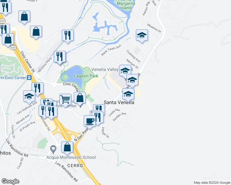 map of restaurants, bars, coffee shops, grocery stores, and more near 7 Roosevelt Avenue in San Rafael
