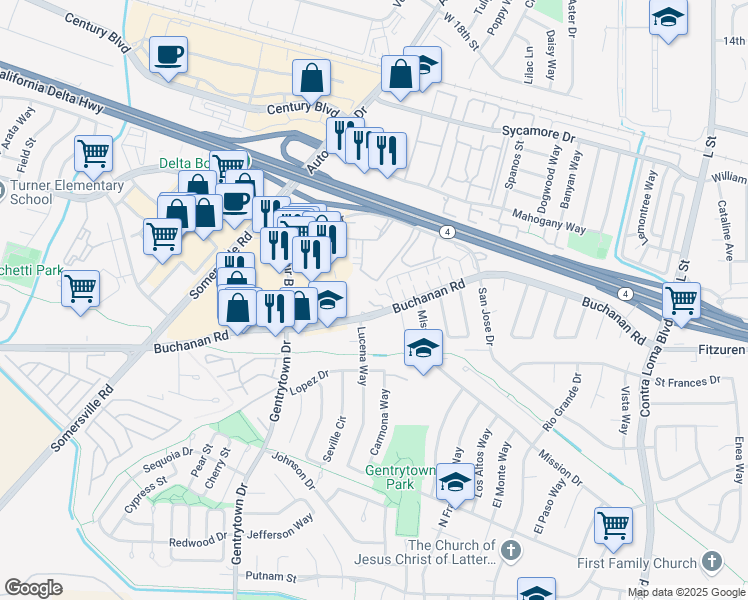 map of restaurants, bars, coffee shops, grocery stores, and more near 2505 Hampton Lane in Antioch
