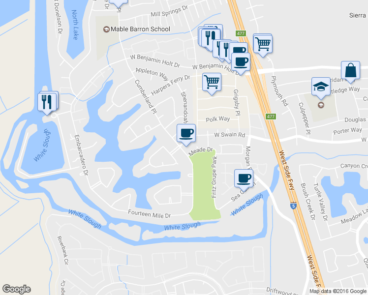 map of restaurants, bars, coffee shops, grocery stores, and more near 6046 Cumberland Place in Stockton