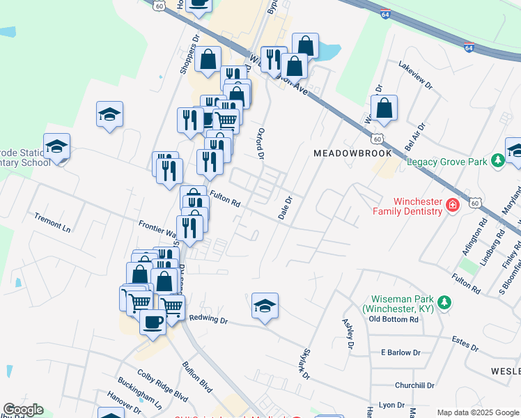 map of restaurants, bars, coffee shops, grocery stores, and more near 1281 Fulton Road in Winchester