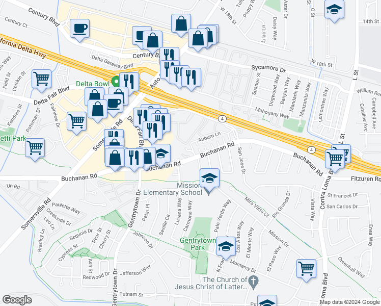 map of restaurants, bars, coffee shops, grocery stores, and more near 2604 Princeton Lane in Antioch