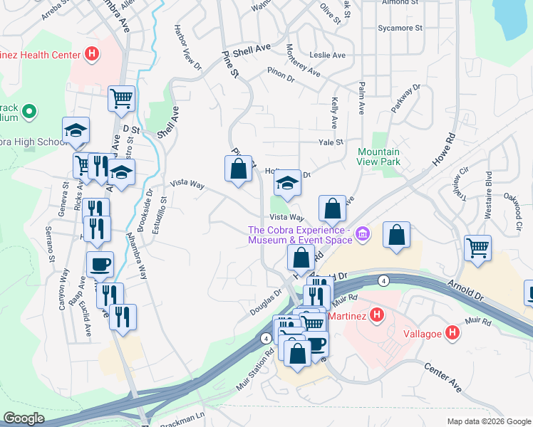 map of restaurants, bars, coffee shops, grocery stores, and more near 225 Vista Way in Martinez