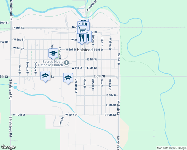 map of restaurants, bars, coffee shops, grocery stores, and more near 200 East 6th Street in Halstead