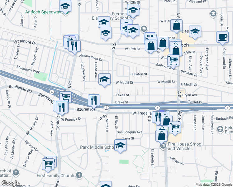 map of restaurants, bars, coffee shops, grocery stores, and more near 620 Texas Street in Antioch