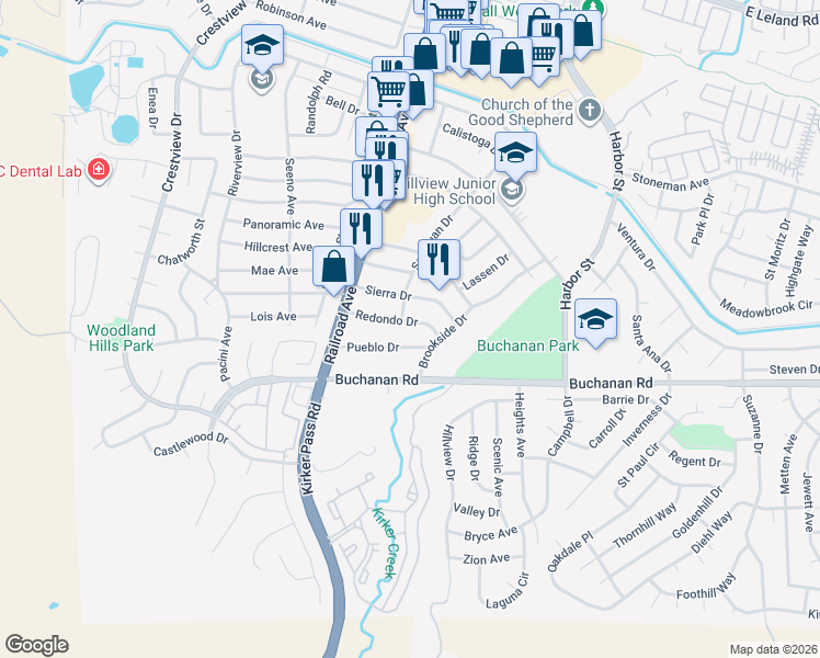 map of restaurants, bars, coffee shops, grocery stores, and more near 281 Pueblo Drive in Pittsburg