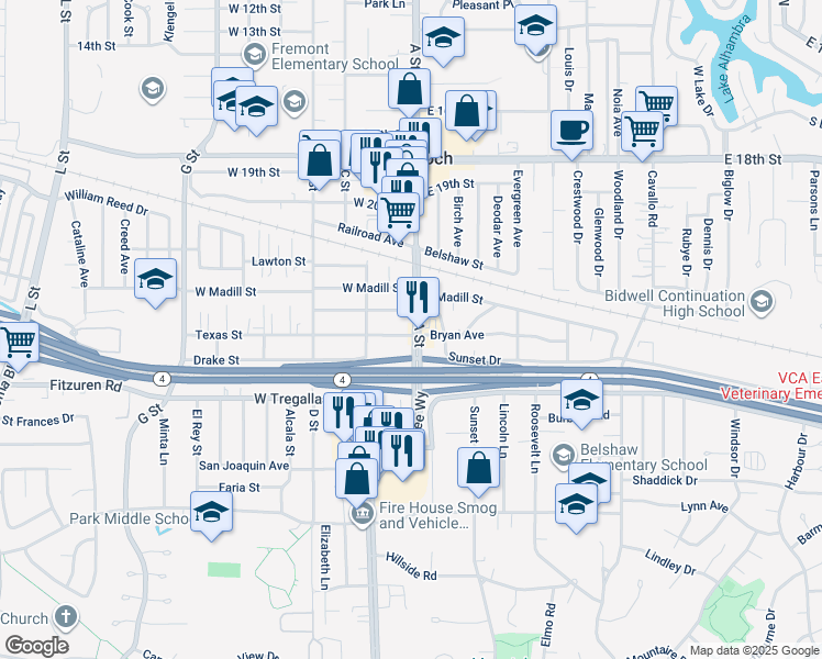 map of restaurants, bars, coffee shops, grocery stores, and more near 2414 A Street in Antioch