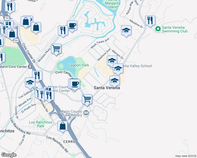 map of restaurants, bars, coffee shops, grocery stores, and more near 7 Roosevelt Avenue in San Rafael