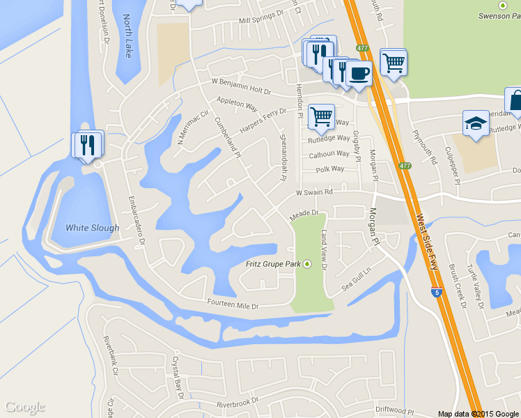 map of restaurants, bars, coffee shops, grocery stores, and more near 6112 Portsmouth Place in Stockton