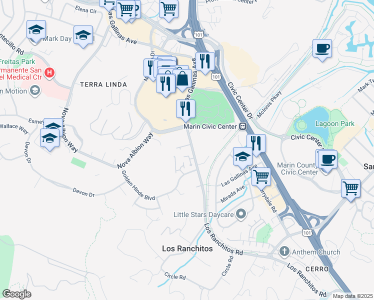 map of restaurants, bars, coffee shops, grocery stores, and more near 275 Los Ranchitos Road in San Rafael