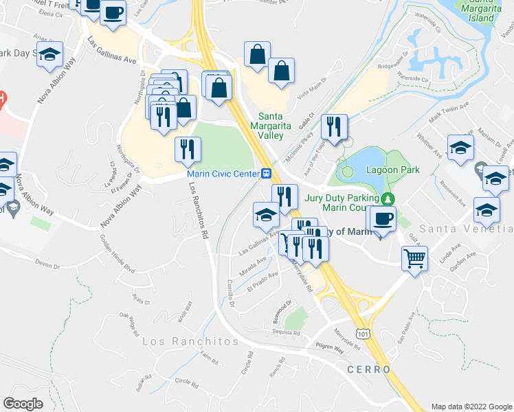 map of restaurants, bars, coffee shops, grocery stores, and more near 404 Corrillo Drive in San Rafael