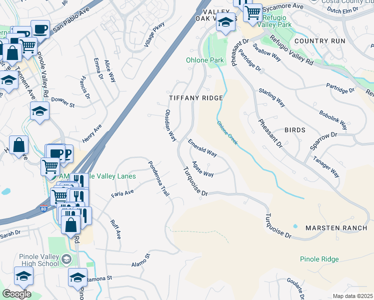 map of restaurants, bars, coffee shops, grocery stores, and more near 127 Agate Way in Hercules