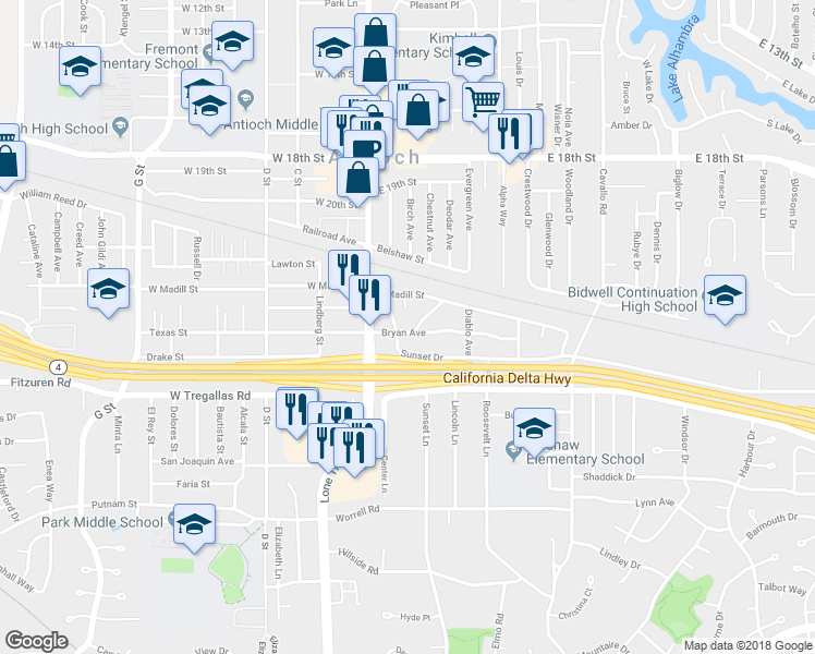 map of restaurants, bars, coffee shops, grocery stores, and more near 15 Bryan Avenue in Antioch
