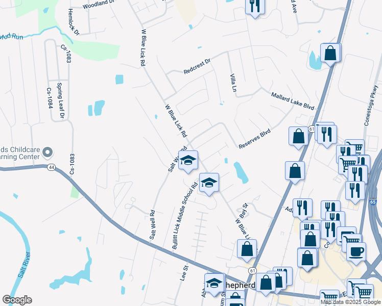 map of restaurants, bars, coffee shops, grocery stores, and more near 114 Crossings Court in Shepherdsville