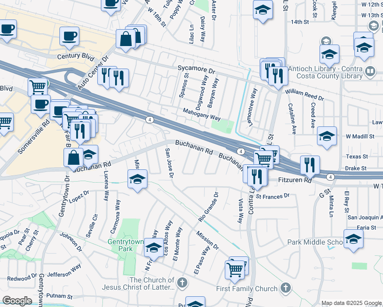 map of restaurants, bars, coffee shops, grocery stores, and more near 2788 Entrada Circle in Antioch