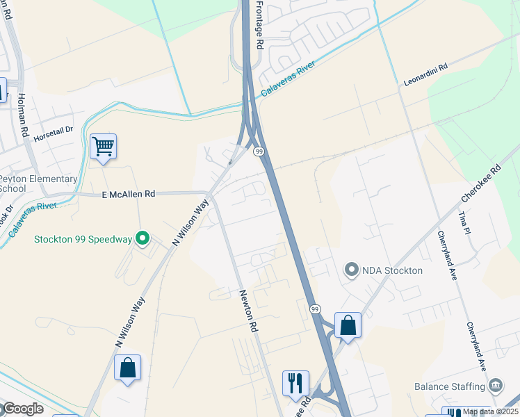 map of restaurants, bars, coffee shops, grocery stores, and more near 3635 Calaveras Avenue in Stockton