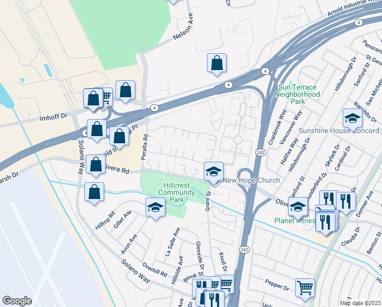 map of restaurants, bars, coffee shops, grocery stores, and more near 2099 Dalis Drive in Concord