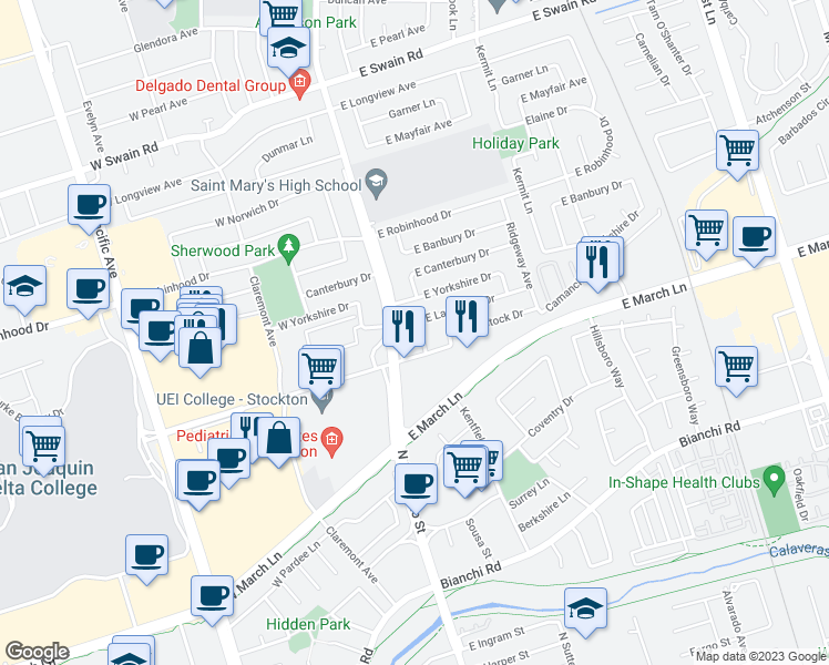map of restaurants, bars, coffee shops, grocery stores, and more near 219 East Lancaster Drive in Stockton