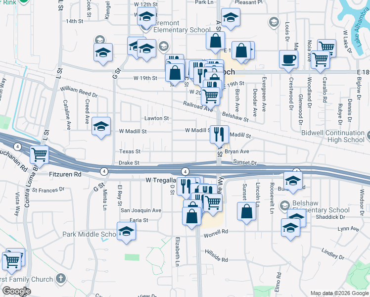 map of restaurants, bars, coffee shops, grocery stores, and more near 220 Texas Street in Antioch