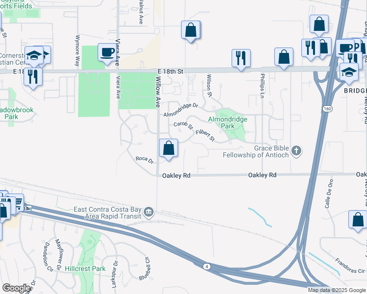 map of restaurants, bars, coffee shops, grocery stores, and more near 2832 Filbert Street in Antioch