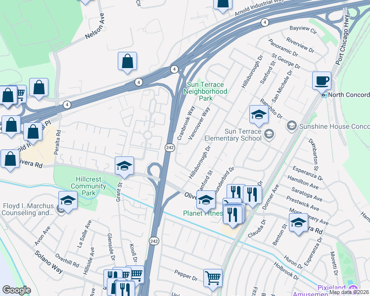 map of restaurants, bars, coffee shops, grocery stores, and more near 2212 Balsa Court in Concord