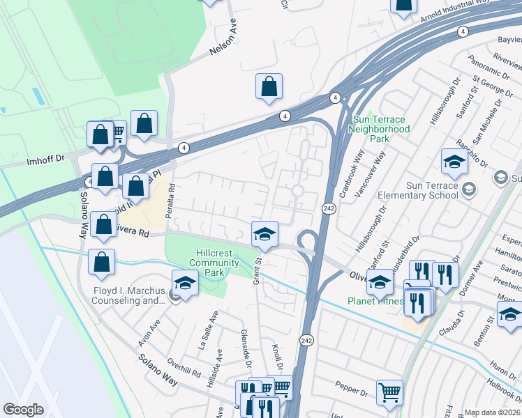 map of restaurants, bars, coffee shops, grocery stores, and more near 2164 Dalis Drive in Concord