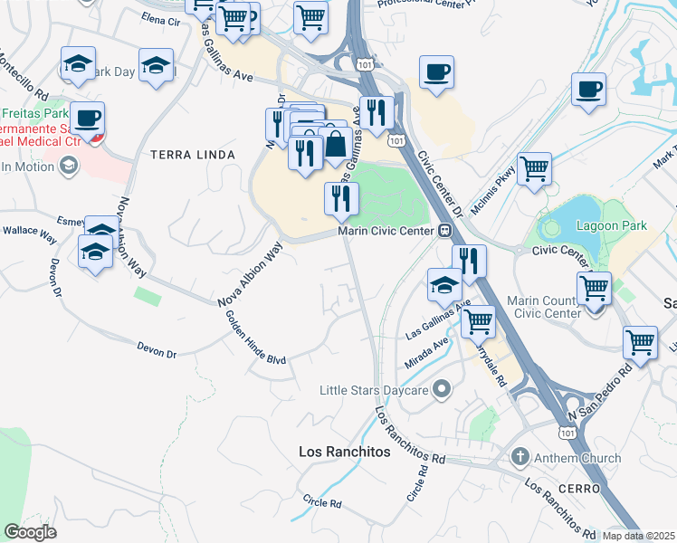 map of restaurants, bars, coffee shops, grocery stores, and more near 13 Pine Tree Court in San Rafael