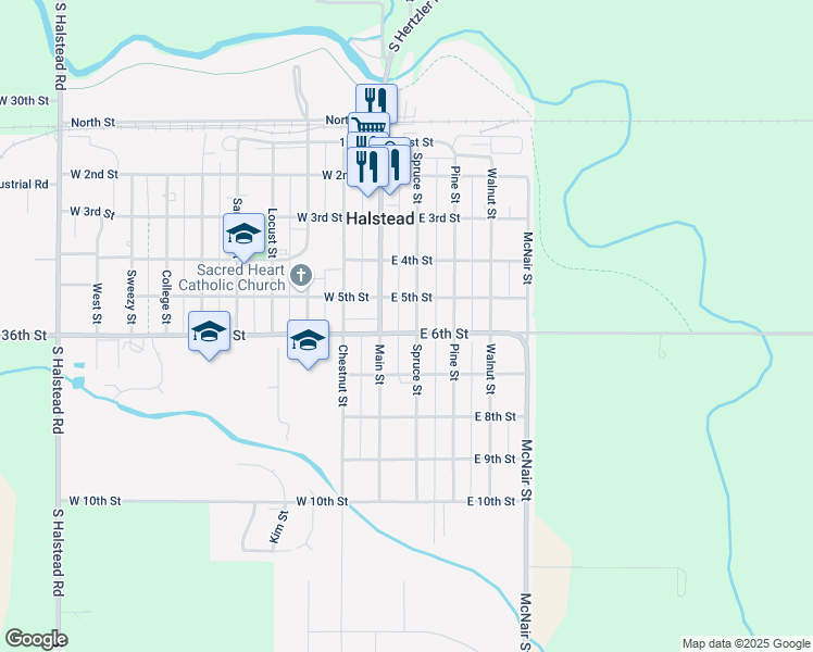 map of restaurants, bars, coffee shops, grocery stores, and more near 200 East 6th Street in Halstead