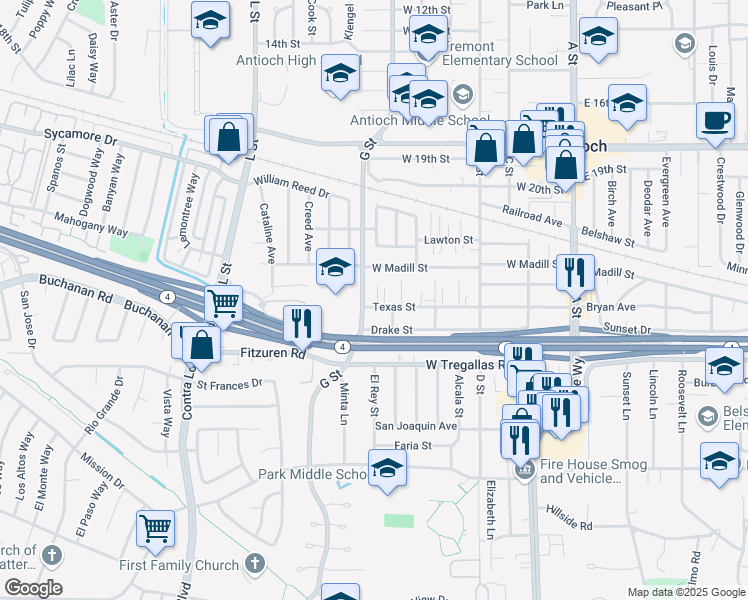 map of restaurants, bars, coffee shops, grocery stores, and more near 612 Texas Street in Antioch