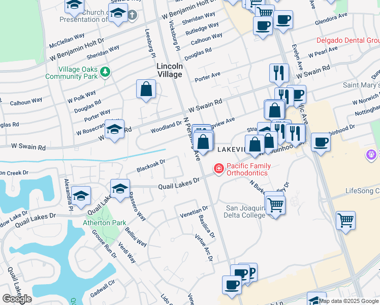 map of restaurants, bars, coffee shops, grocery stores, and more near 5648 North Pershing Avenue in Stockton