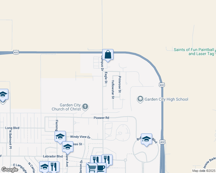 map of restaurants, bars, coffee shops, grocery stores, and more near 3304 Eagle Street in Garden City