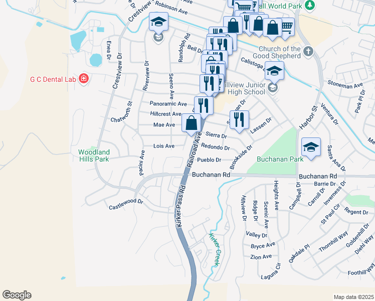 map of restaurants, bars, coffee shops, grocery stores, and more near 4154 Railroad Avenue in Pittsburg