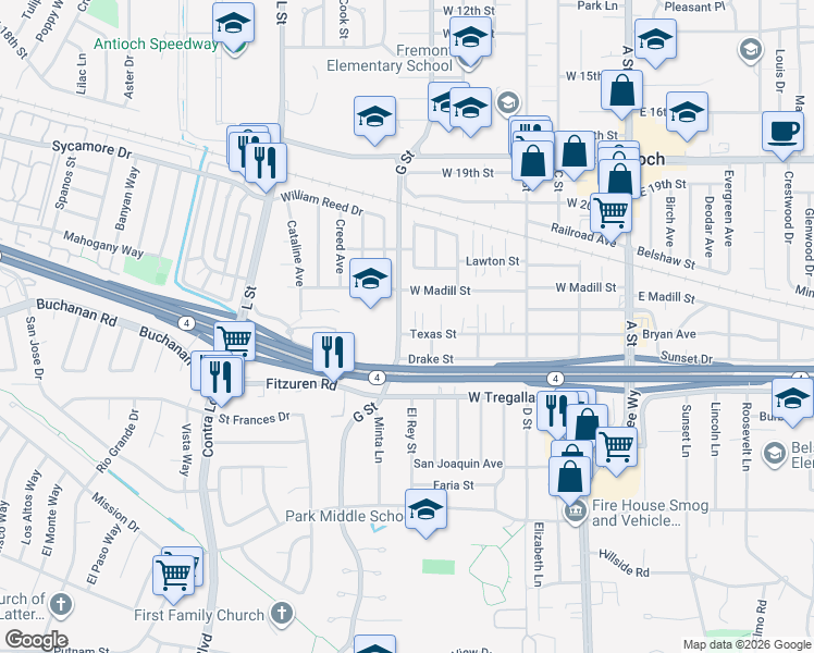 map of restaurants, bars, coffee shops, grocery stores, and more near 620 Texas Street in Antioch