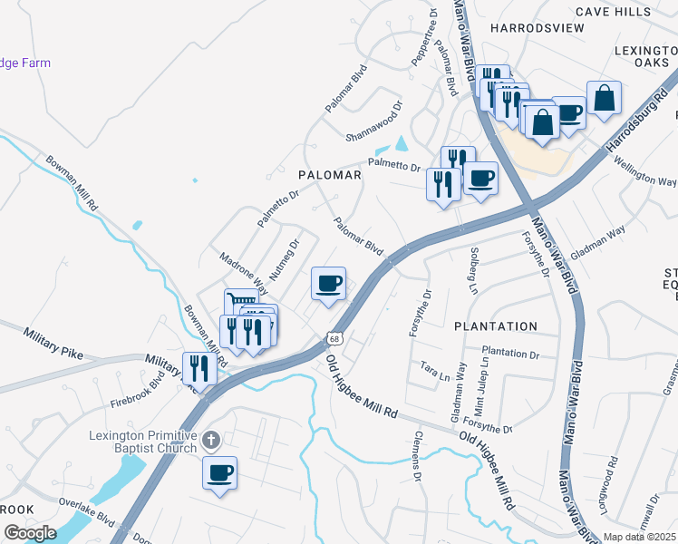 map of restaurants, bars, coffee shops, grocery stores, and more near 4234 Harrodsburg Road in Lexington