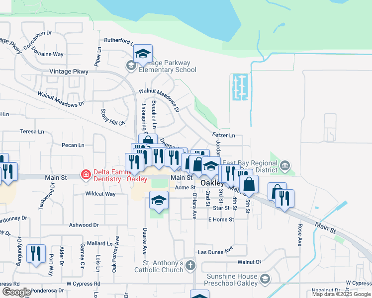 map of restaurants, bars, coffee shops, grocery stores, and more near 1126 Deerpark Road in Oakley