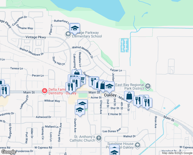 map of restaurants, bars, coffee shops, grocery stores, and more near 1126 Deerpark Road in Oakley