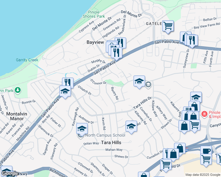 map of restaurants, bars, coffee shops, grocery stores, and more near 512 Bantry Road in Pinole