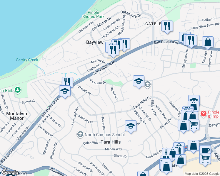 map of restaurants, bars, coffee shops, grocery stores, and more near 512 Bantry Road in Pinole