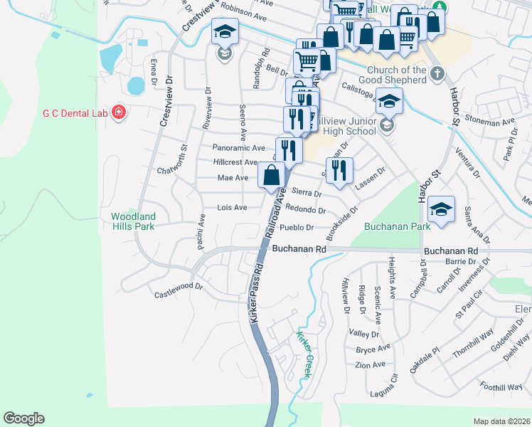 map of restaurants, bars, coffee shops, grocery stores, and more near 4156 Railroad Avenue in Pittsburg