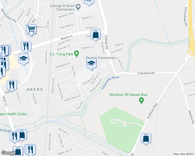 map of restaurants, bars, coffee shops, grocery stores, and more near 2618 Pine Brook Drive in Stockton